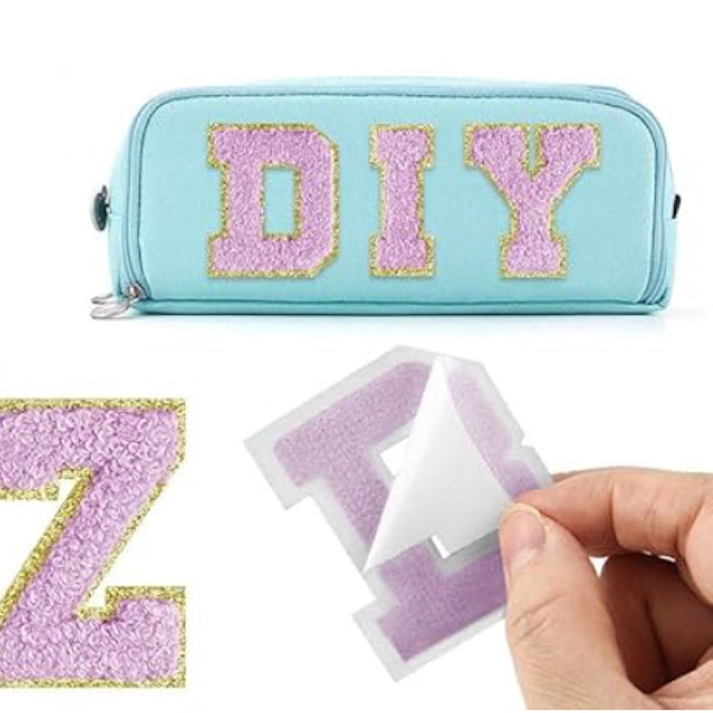 Kosmetiktasche S Beige • DIY Initiale Lila A–Z zum Kleben • Reise & Geschenkidee