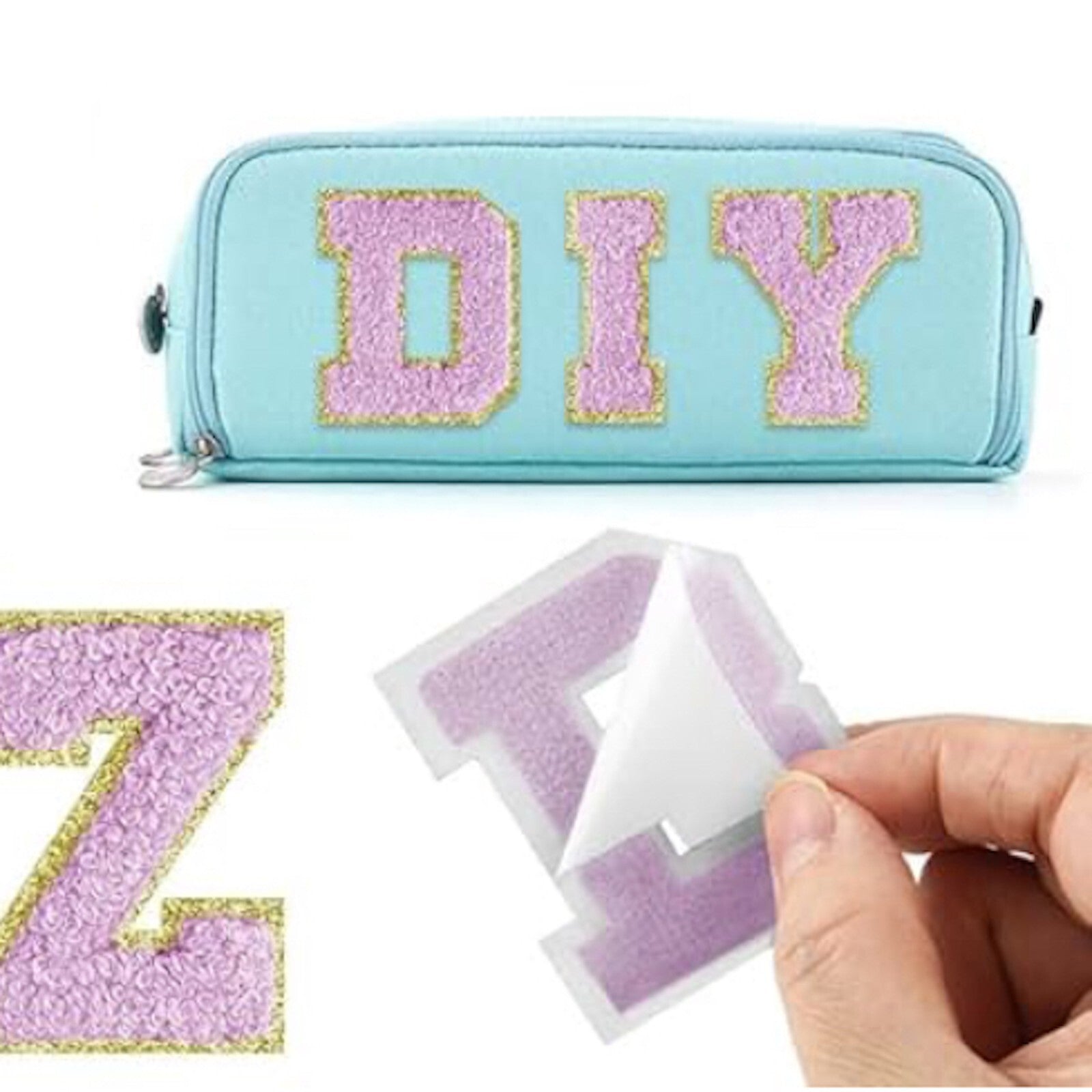 Kosmetiktasche S Beige • DIY Initiale Lila A–Z zum Kleben • Reise & Geschenkidee