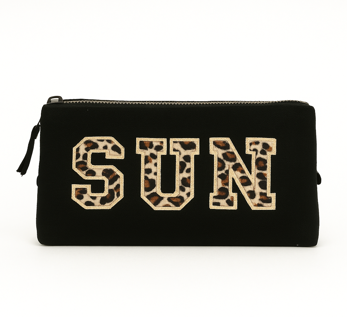 Reisetaschen Zubehörtaschen mit „SUN“ Botschaft Beige Schwarz Geschenkidee