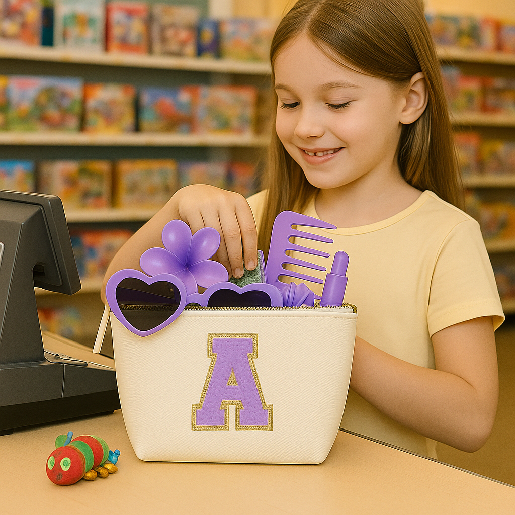 Kosmetiktasche S Beige • DIY Initiale Lila A–Z zum Kleben • Reise & Geschenkidee