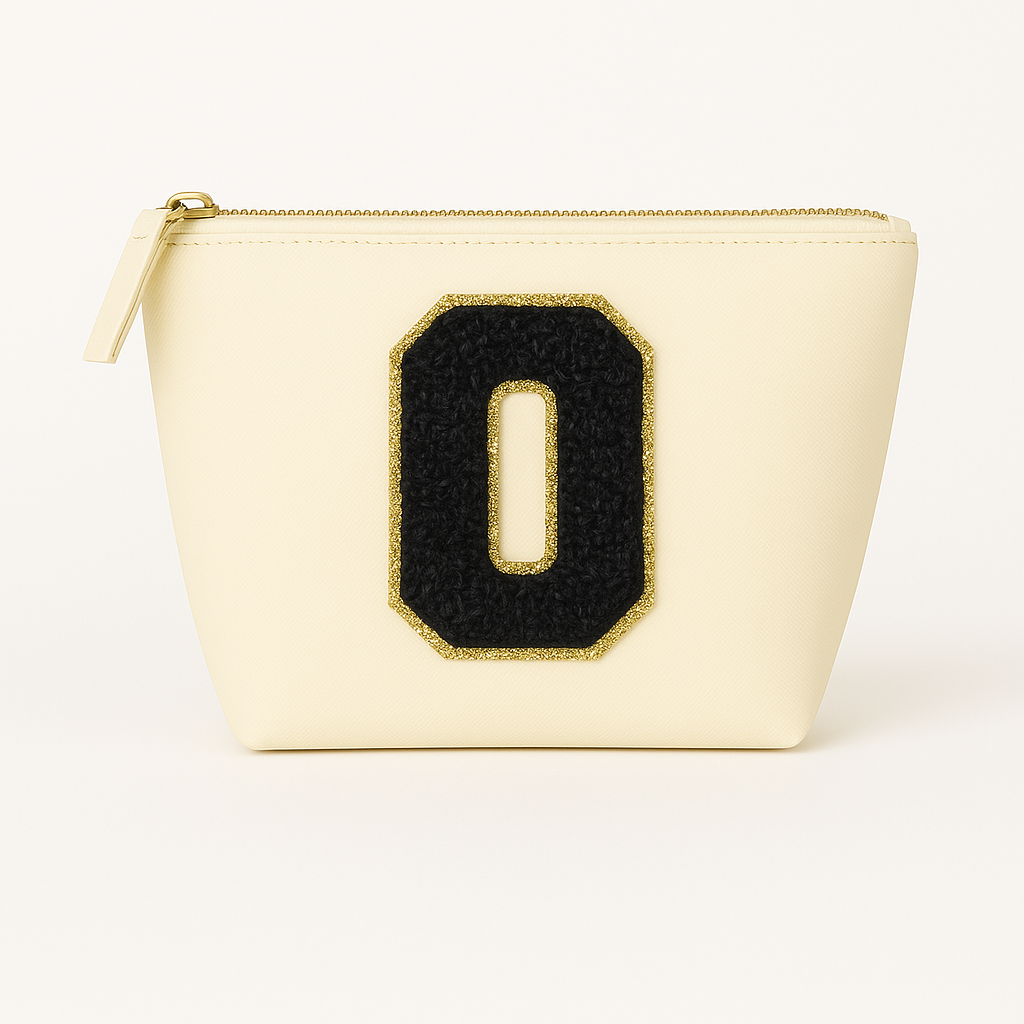 Kosmetiktasche S Beige • DIY Initiale Schwarz A–Z zum Kleben • Top Geschenkidee