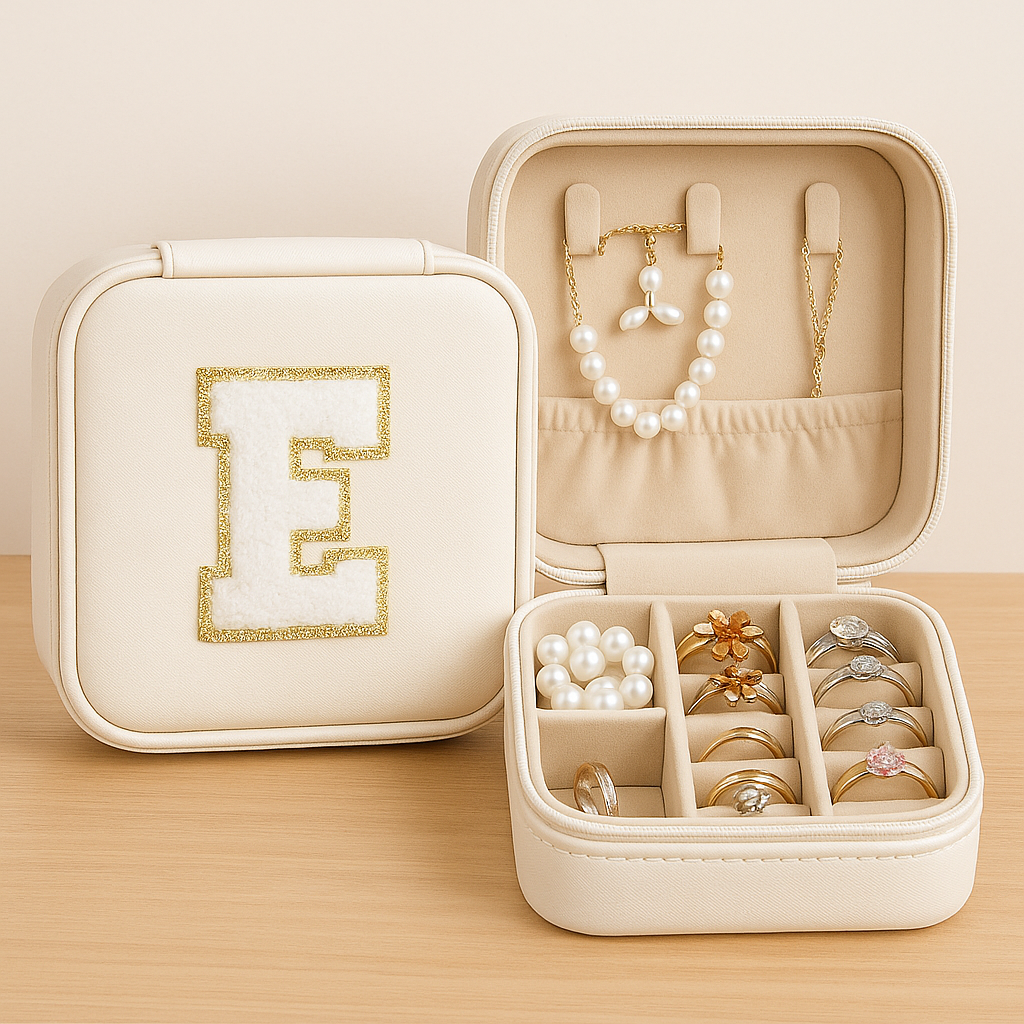 Personalisierbare Schmuckbox Weiß – Buchstabe A–Z Weiß mit Goldrand – DIY Reise