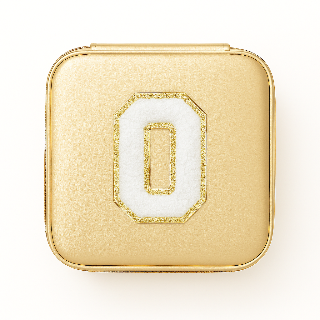 Schmuckbox Gold PU • DIY Initiale Weiß A–Z zum Kleben • Reise & Geschenkidee