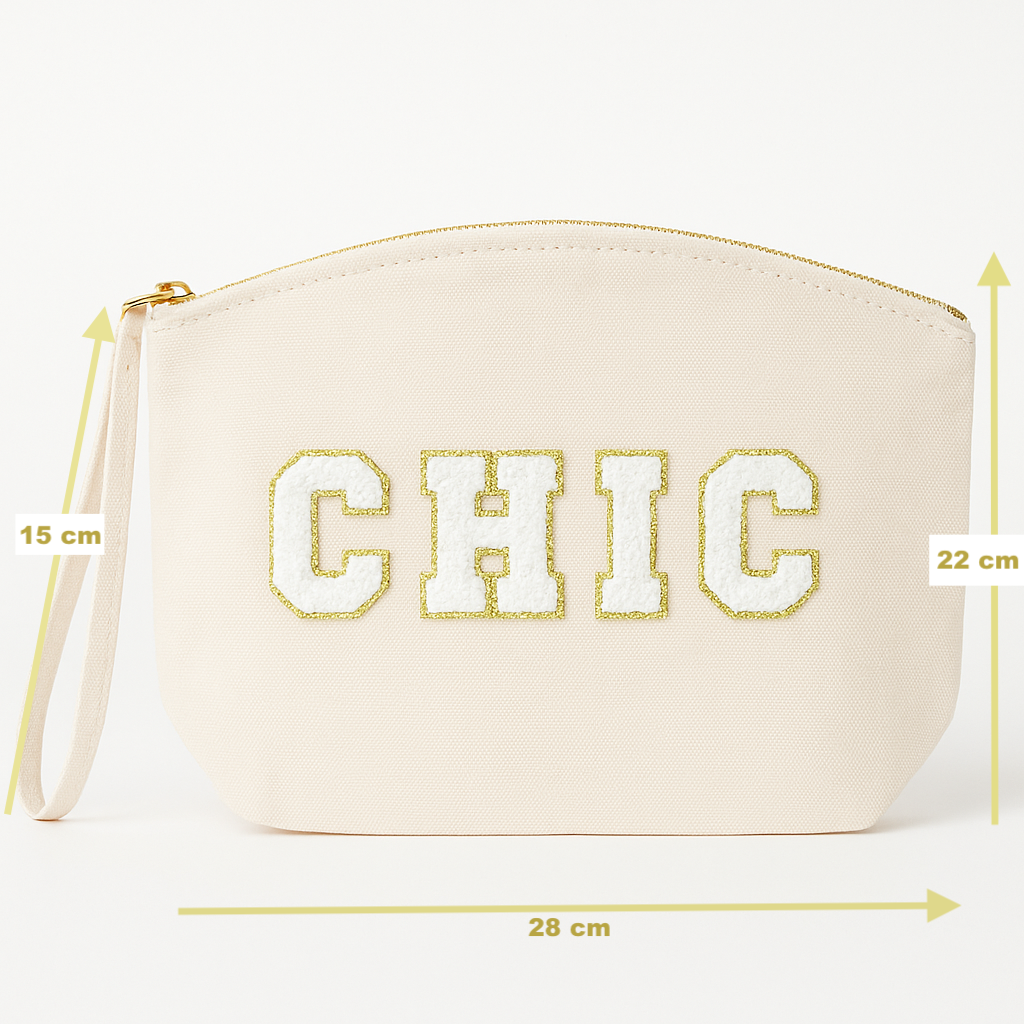 Kosmetiktasche Clutch mit „CHIC“ Botschaft Rosa Beige Blau Schwarz Geschenkidee