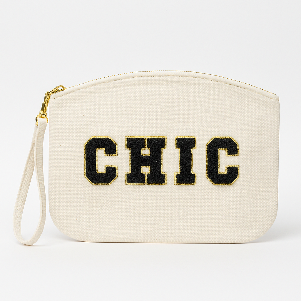 Kosmetiktasche Clutch mit „CHIC“ Botschaft Rosa Beige Blau Schwarz Geschenkidee