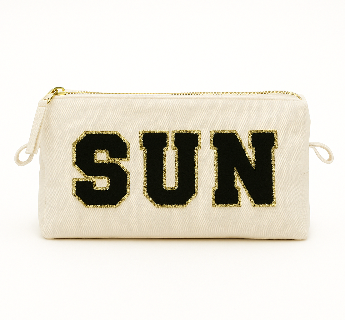 Reisetaschen Zubehörtaschen mit „SUN“ Botschaft Beige Schwarz Geschenkidee