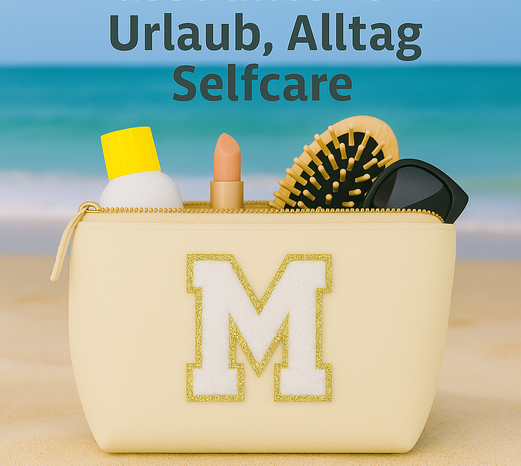 Kosmetiktasche S Beige • DIY Initiale Weiß A–Z zum Kleben • Reise & Geschenkidee