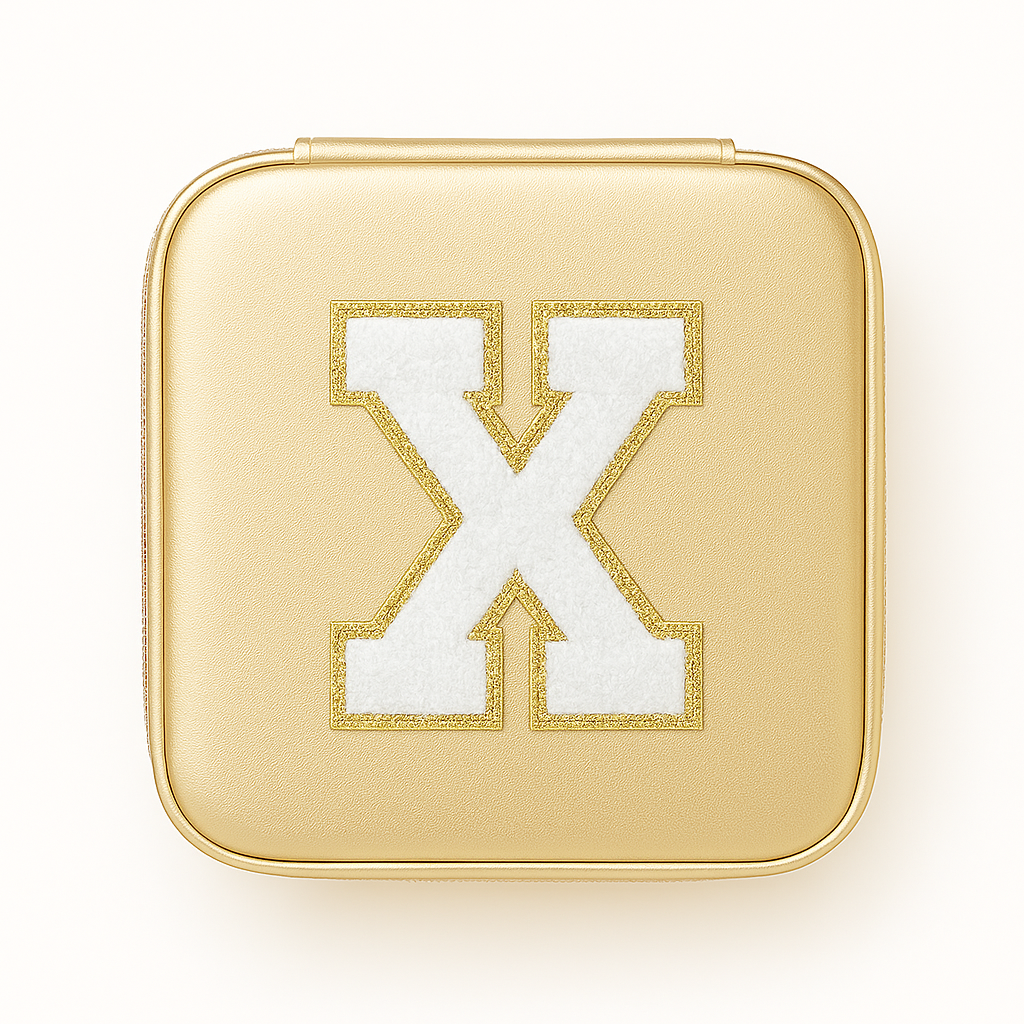 Schmuckbox Gold PU • DIY Initiale Weiß A–Z zum Kleben • Reise & Geschenkidee