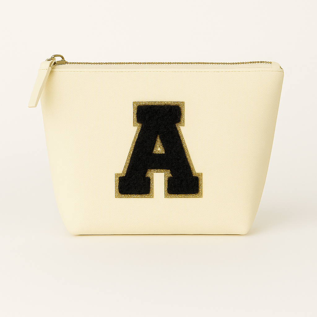 Kosmetiktasche S Beige • DIY Initiale Schwarz A–Z zum Kleben • Top Geschenkidee