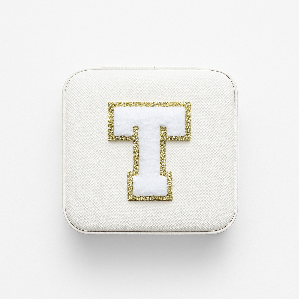 Personalisierbare Schmuckbox Weiß – Buchstabe A–Z Weiß mit Goldrand – DIY Reise