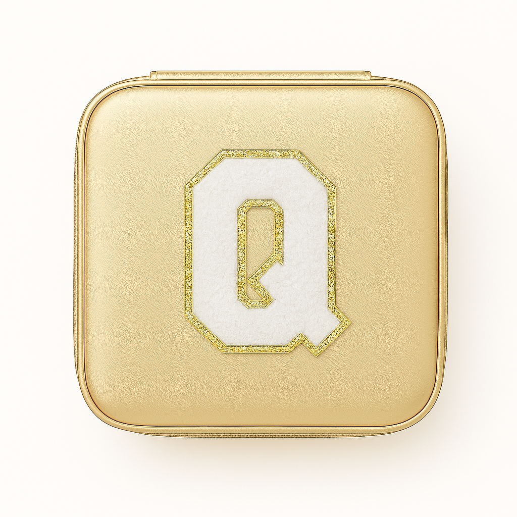 Schmuckbox Gold PU • DIY Initiale Weiß A–Z zum Kleben • Reise & Geschenkidee