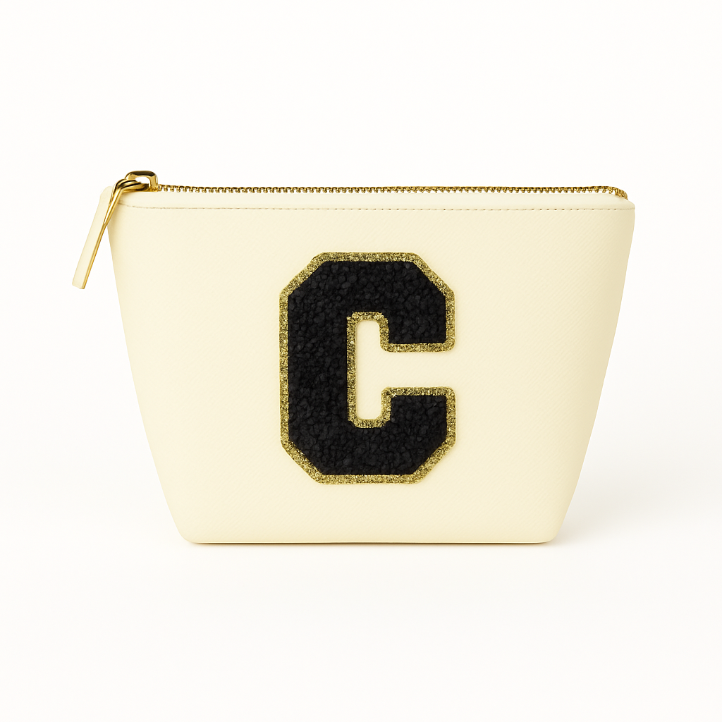 Kosmetiktasche S Beige • DIY Initiale Schwarz A–Z zum Kleben • Top Geschenkidee