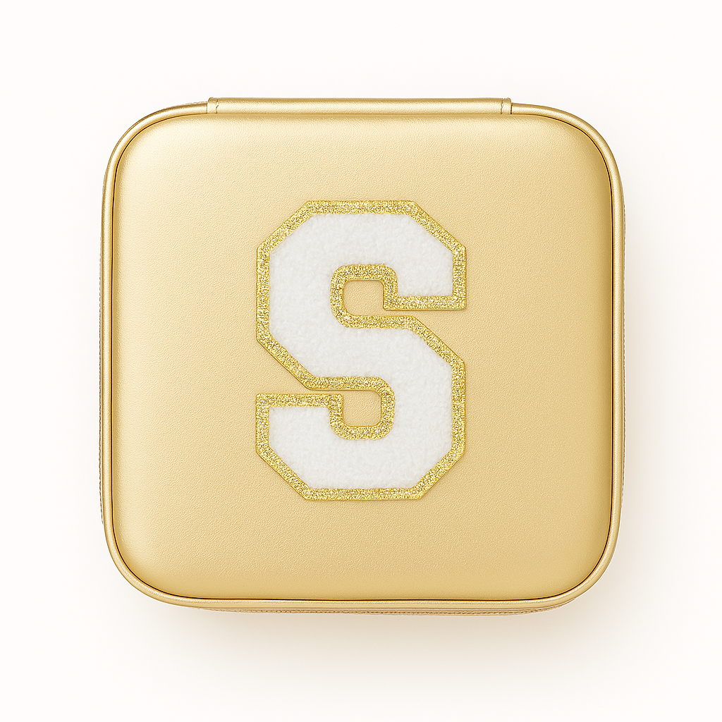 Schmuckbox Gold PU • DIY Initiale Weiß A–Z zum Kleben • Reise & Geschenkidee