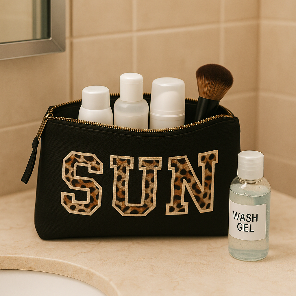 Reisetaschen Zubehörtaschen mit „SUN“ Botschaft Beige Schwarz Geschenkidee