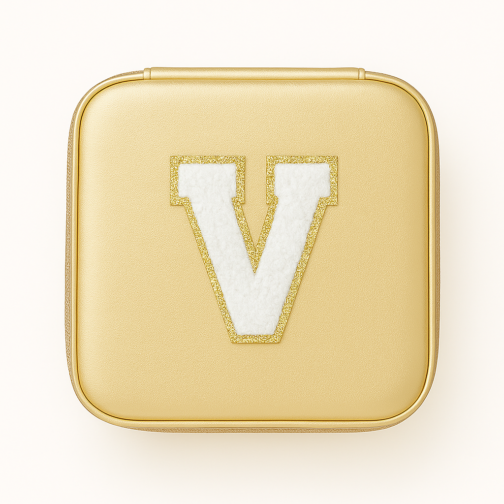 Schmuckbox Gold PU • DIY Initiale Weiß A–Z zum Kleben • Reise & Geschenkidee