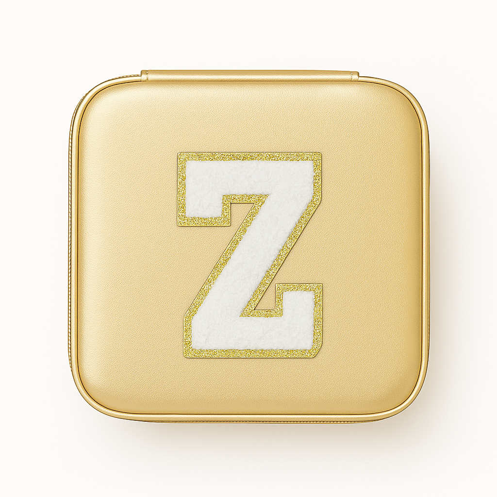 Schmuckbox Gold PU • DIY Initiale Weiß A–Z zum Kleben • Reise & Geschenkidee
