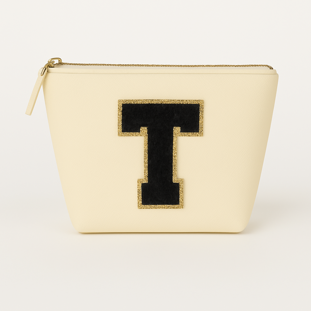 Kosmetiktasche S Beige • DIY Initiale Schwarz A–Z zum Kleben • Top Geschenkidee