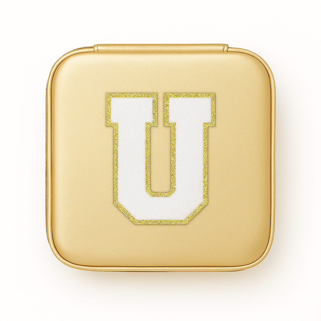 Schmuckbox Gold PU • DIY Initiale Weiß A–Z zum Kleben • Reise & Geschenkidee