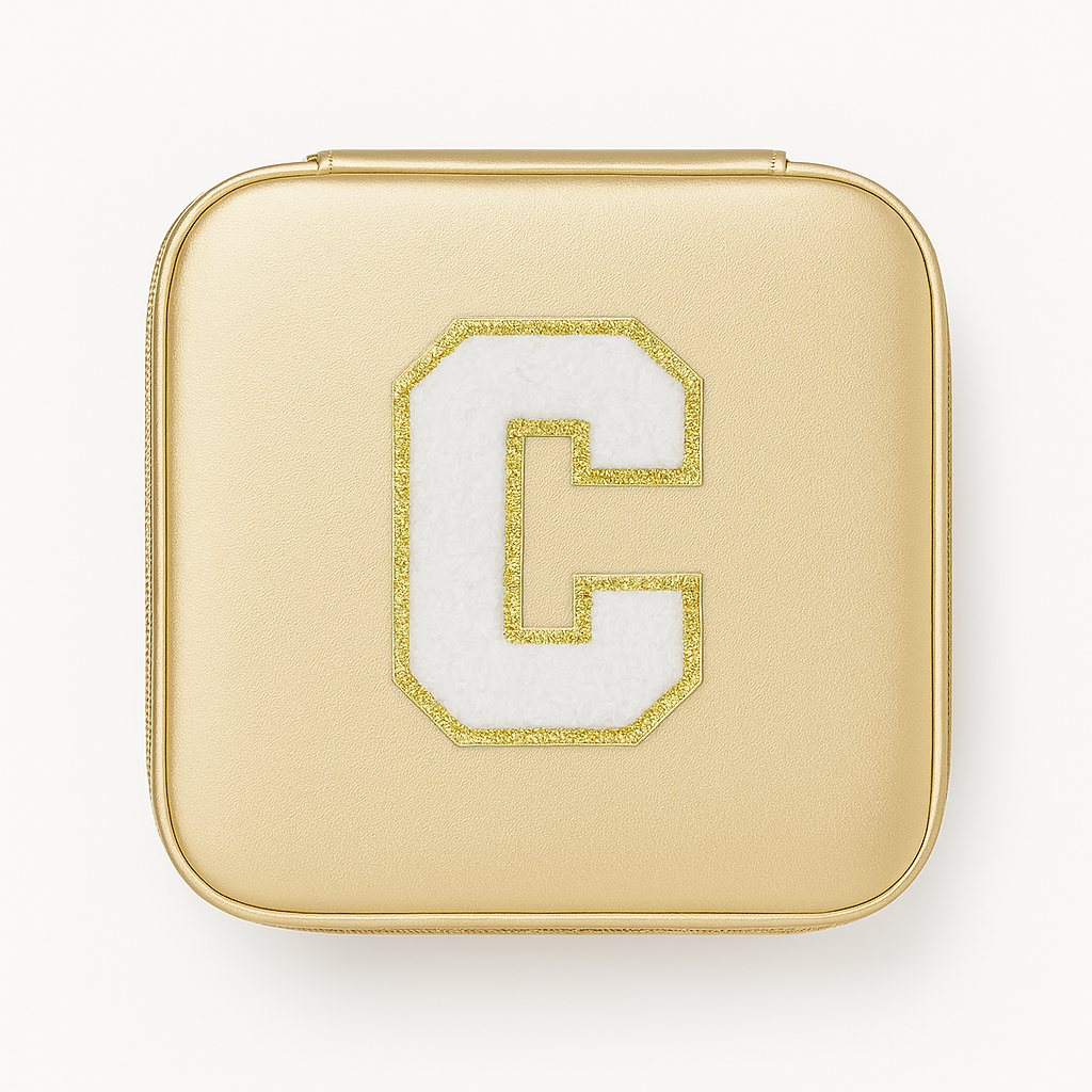 Schmuckbox Gold PU • DIY Initiale Weiß A–Z zum Kleben • Reise & Geschenkidee