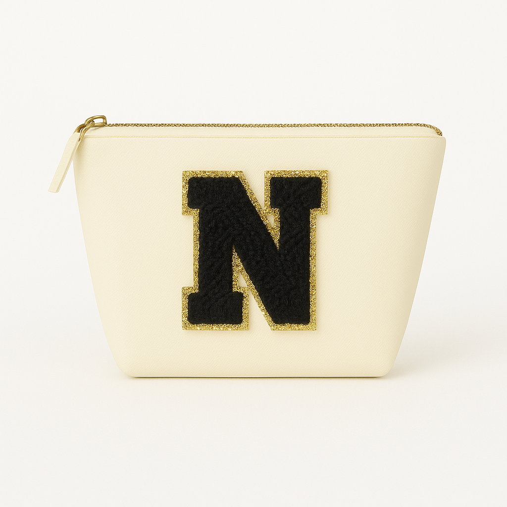 Kosmetiktasche S Beige • DIY Initiale Schwarz A–Z zum Kleben • Top Geschenkidee