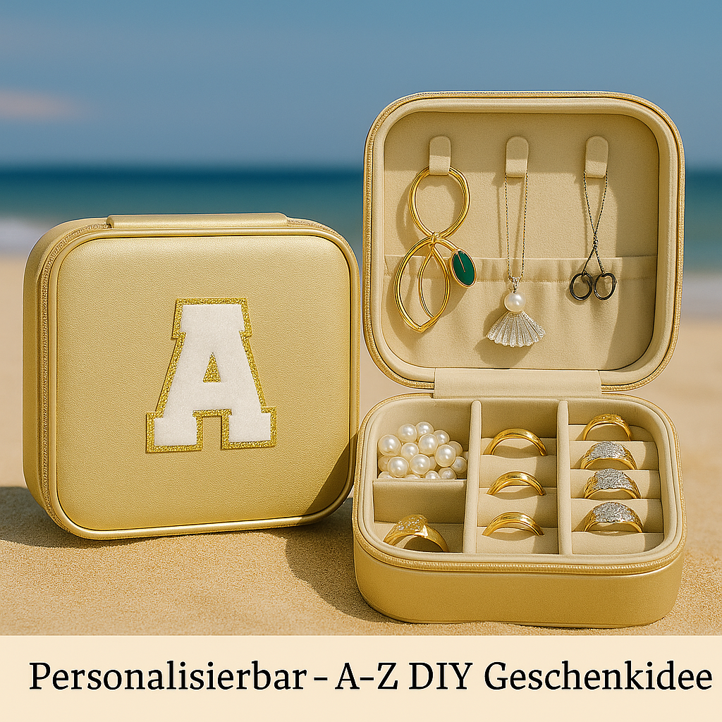 Schmuckbox Gold PU • DIY Initiale Weiß A–Z zum Kleben • Reise & Geschenkidee