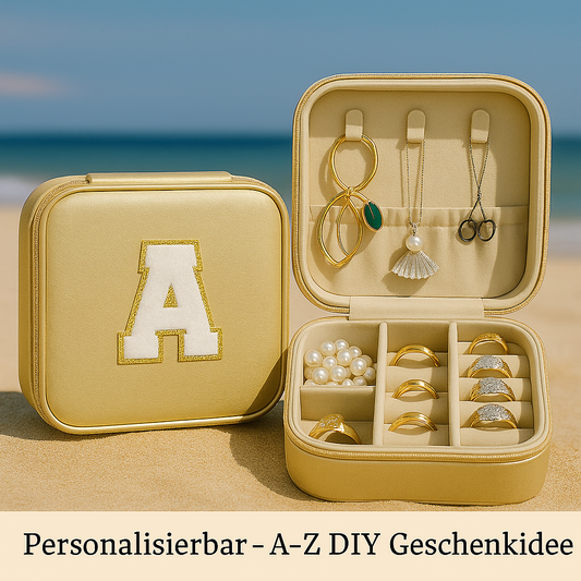 Schmuckbox Gold PU • DIY Initiale Weiß A–Z zum Kleben • Reise & Geschenkidee