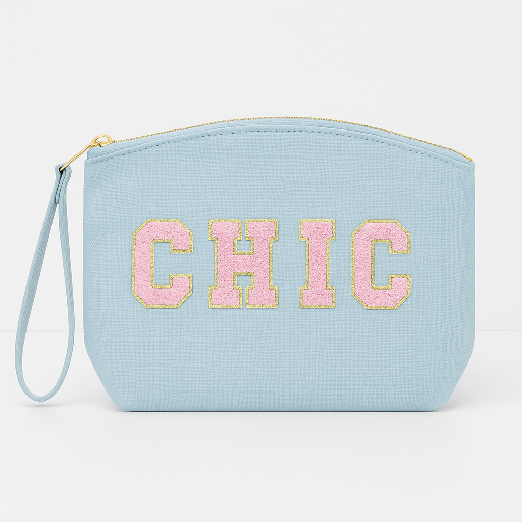 Kosmetiktasche Clutch mit „CHIC“ Botschaft Rosa Beige Blau Schwarz Geschenkidee