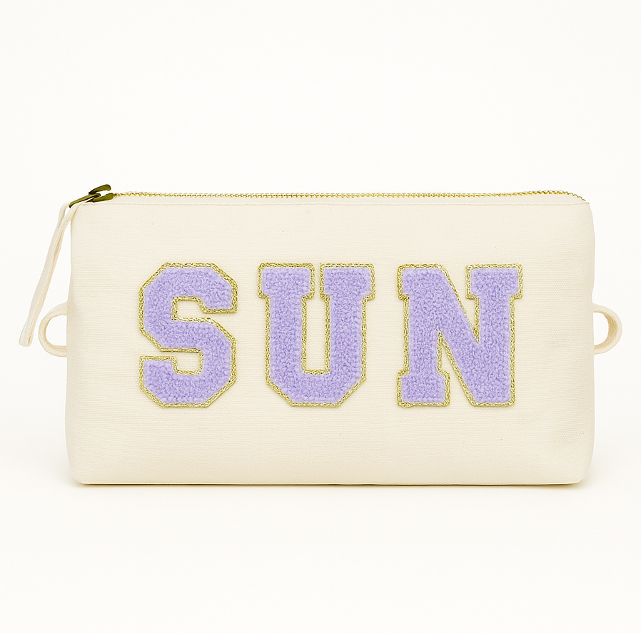 Reisetaschen Zubehörtaschen mit „SUN“ Botschaft Beige Schwarz Geschenkidee