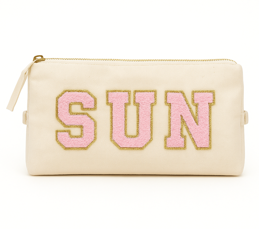 Reisetaschen Zubehörtaschen mit „SUN“ Botschaft Beige Schwarz Geschenkidee