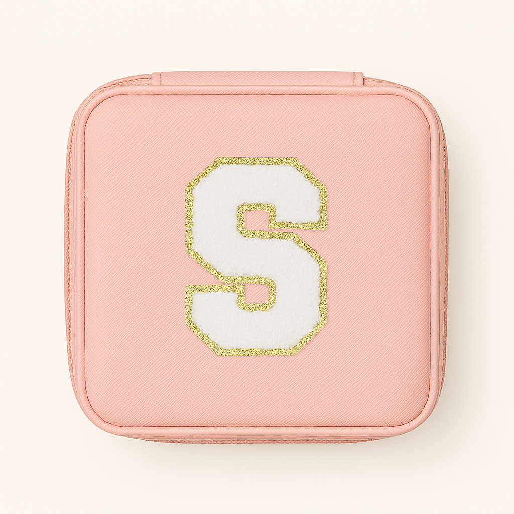 Personalisierbare Schmuckbox Rosa – Buchstabe A–Z Weiß mit Goldrand – DIY Reise