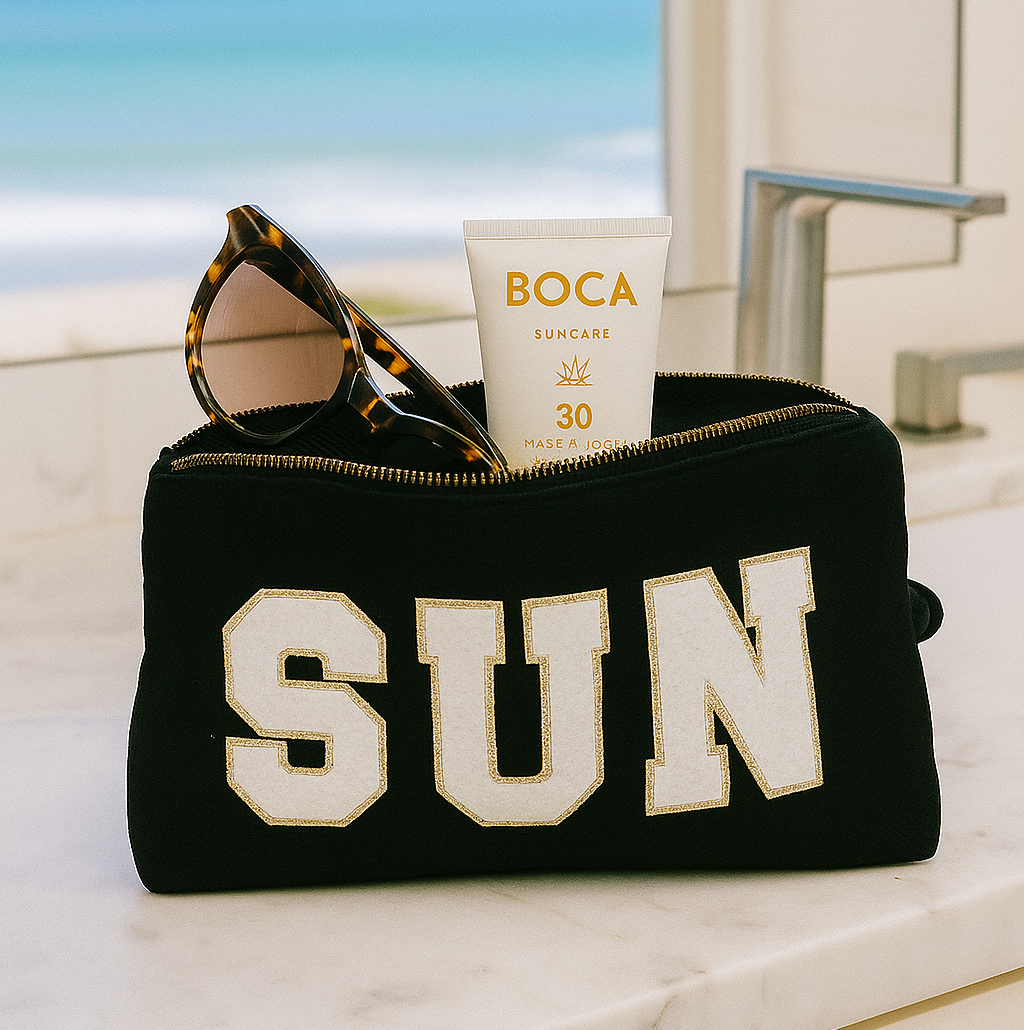 Reisetaschen Zubehörtaschen mit „SUN“ Botschaft Beige Schwarz Geschenkidee