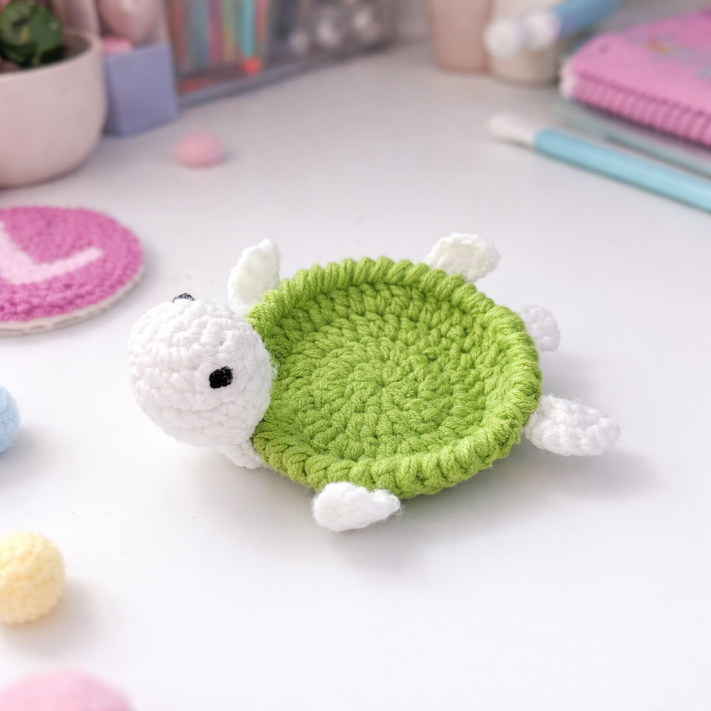 Süßer Schildkröten Untersetzer gehäkelt Handmade Coaster Grün Geschenk Idee Deko