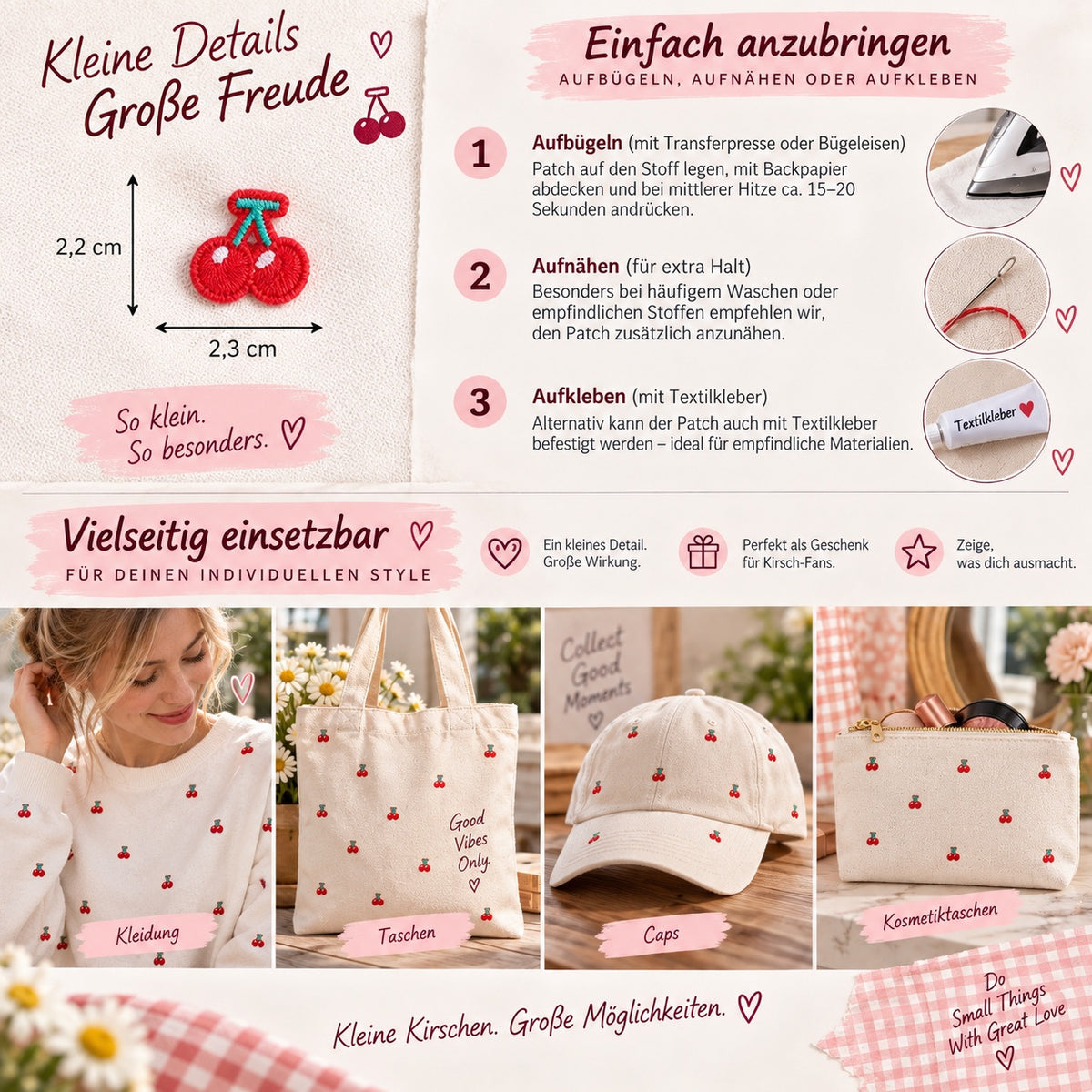 Mini Kirsche Herz Patches Applikation Bügelbilder Aufnäher – Aufbügeln, DIY Bekleidung Taschen Deko