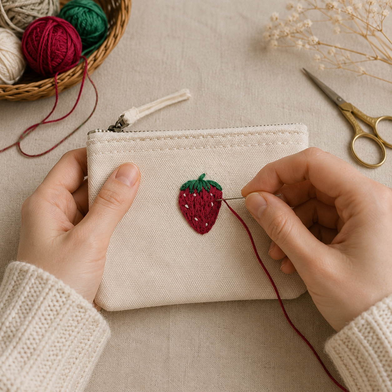 beige Handbestickte Geldbörse mit Erdbeeren – Baumwolle Münztasche Geldbeutel