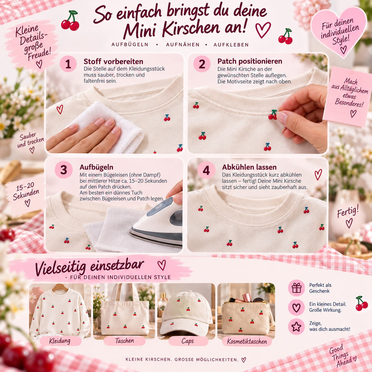 Mini Kirsche Herz Patches Applikation Bügelbilder Aufnäher – Aufbügeln, DIY Bekleidung Taschen Deko