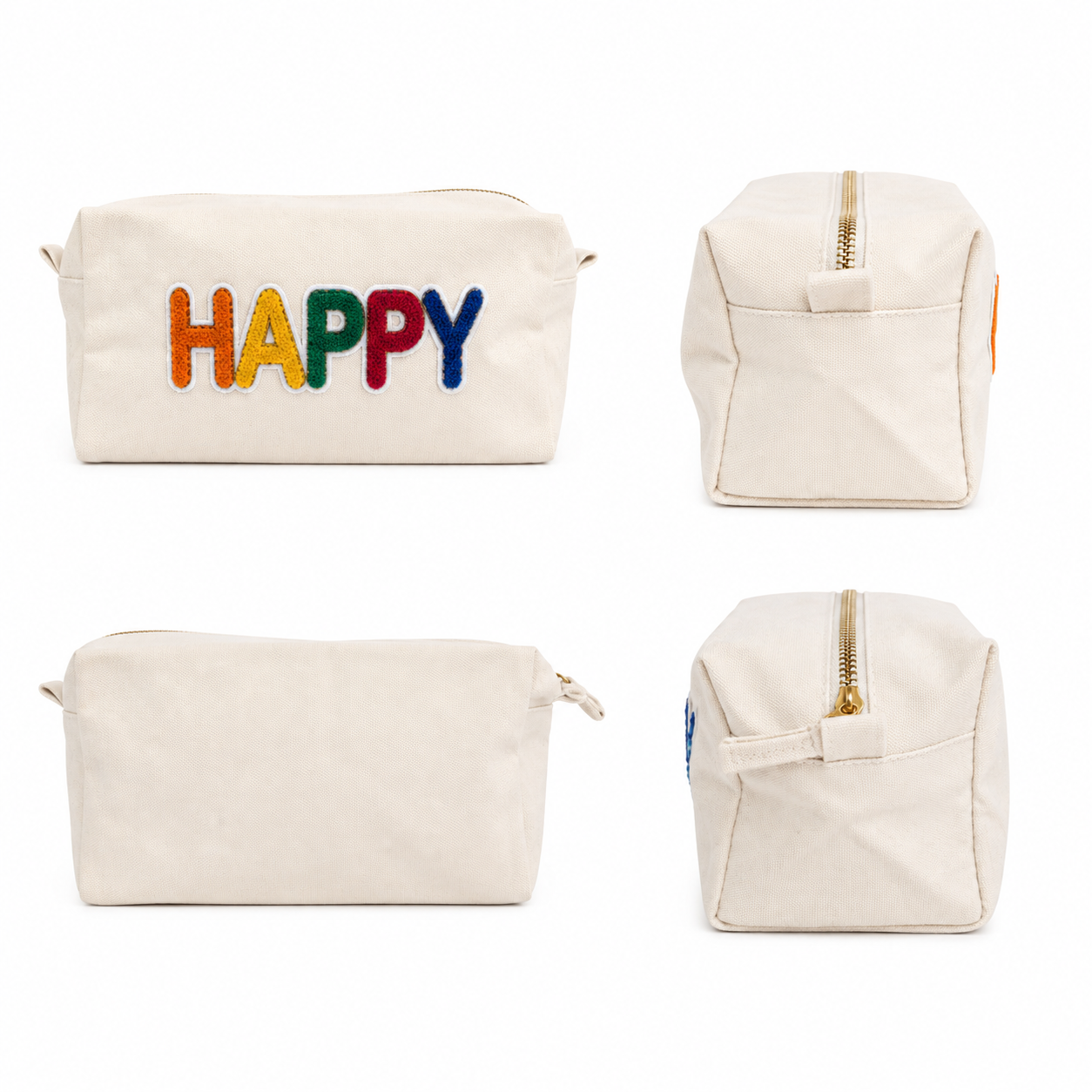 beige Kosmetiktasche L aus Baumwolle mit Happy | Kulturbeutel mit Reißverschluss | Make-up Tasche, Reiseorganizer, Geschenk für Frauen