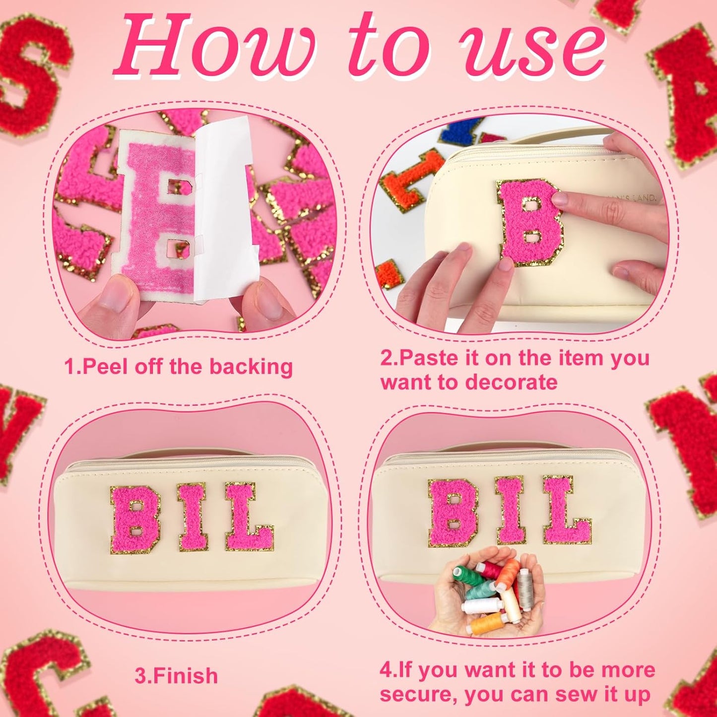 pink A-Z Chenille Buchstaben Sticker Aufkleber Aufnäher für Handyhülle Kleidung Taschen DIY