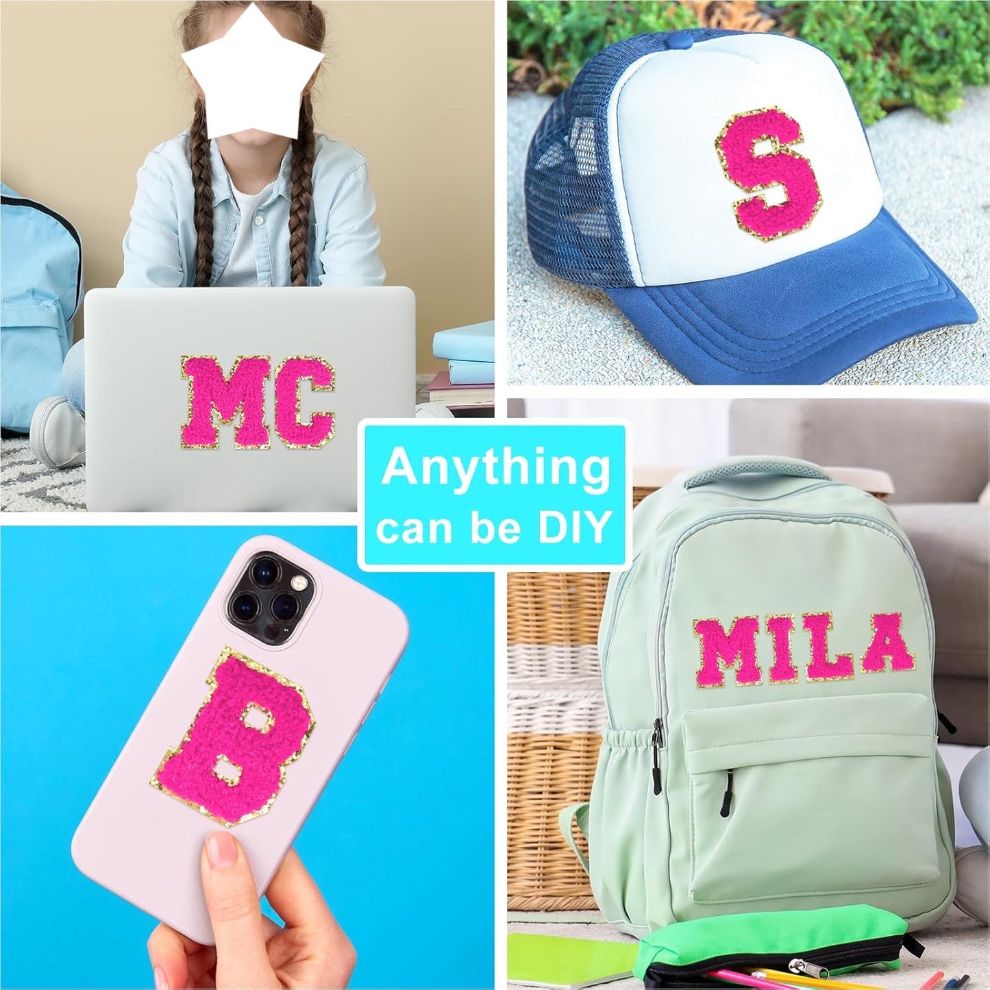 pink A-Z Chenille Buchstaben Sticker Aufkleber Aufnäher für Handyhülle Kleidung Taschen DIY