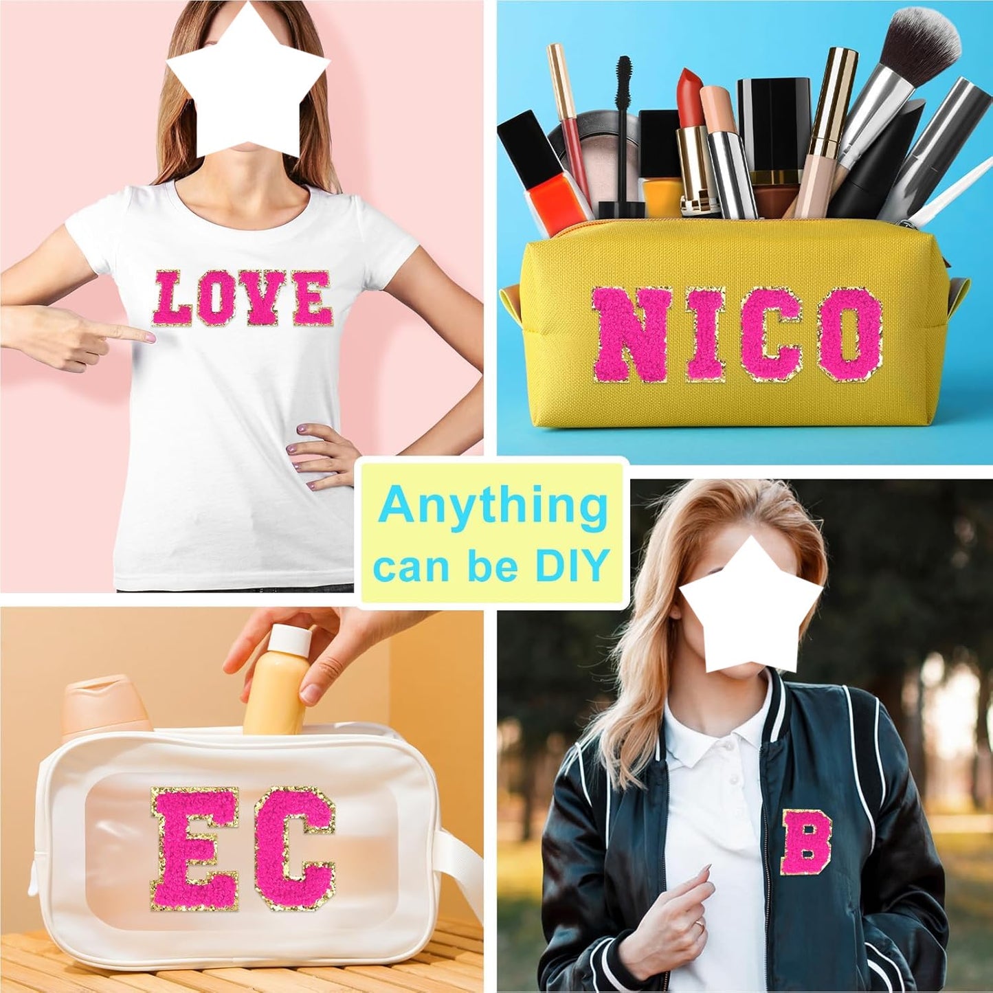 pink A-Z Chenille Buchstaben Sticker Aufkleber Aufnäher für Handyhülle Kleidung Taschen DIY