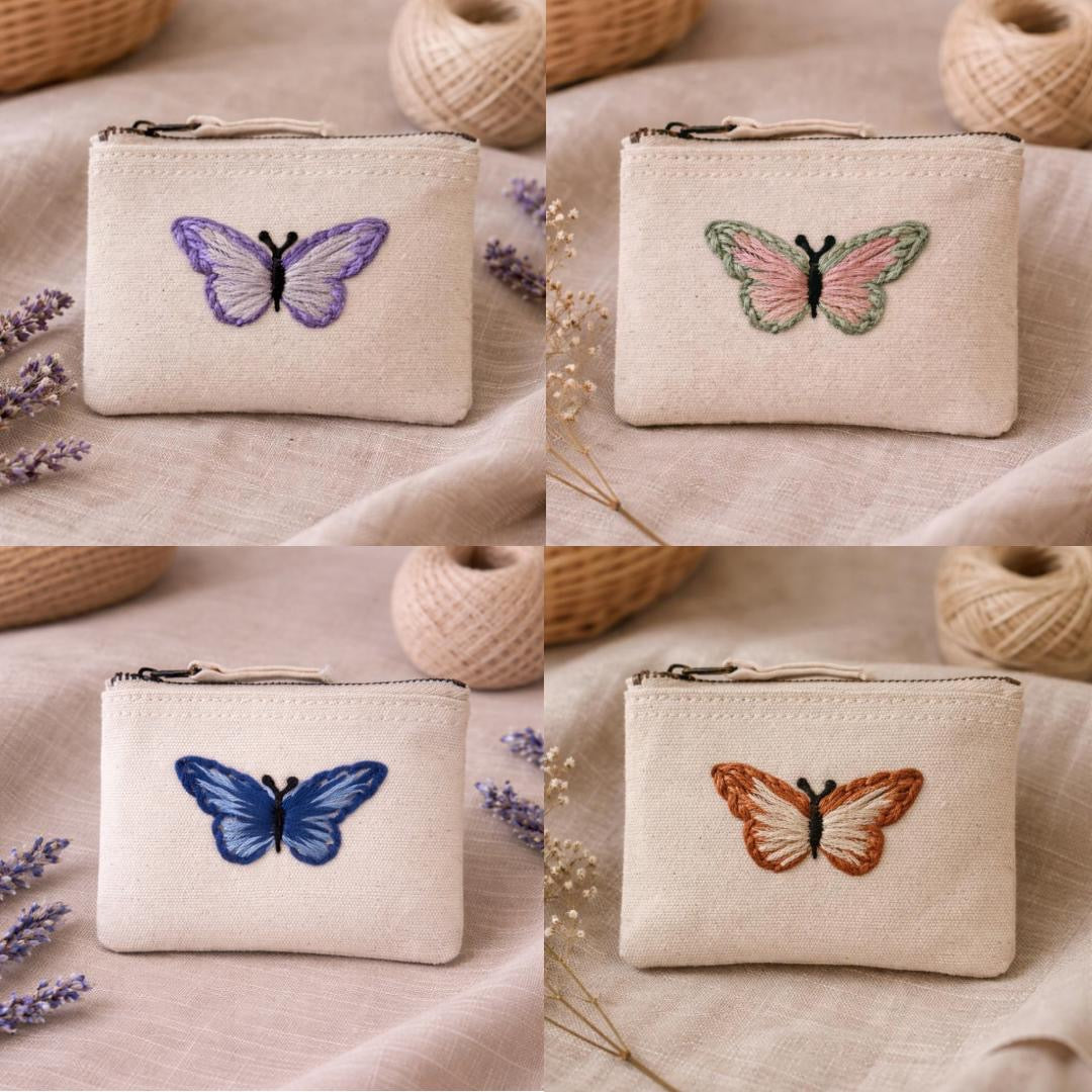 Handbestickte Geldbörse mit Schmetterling – Baumwolle Münztasche Geldbeutel Grün Blau Lila Gelb Braun