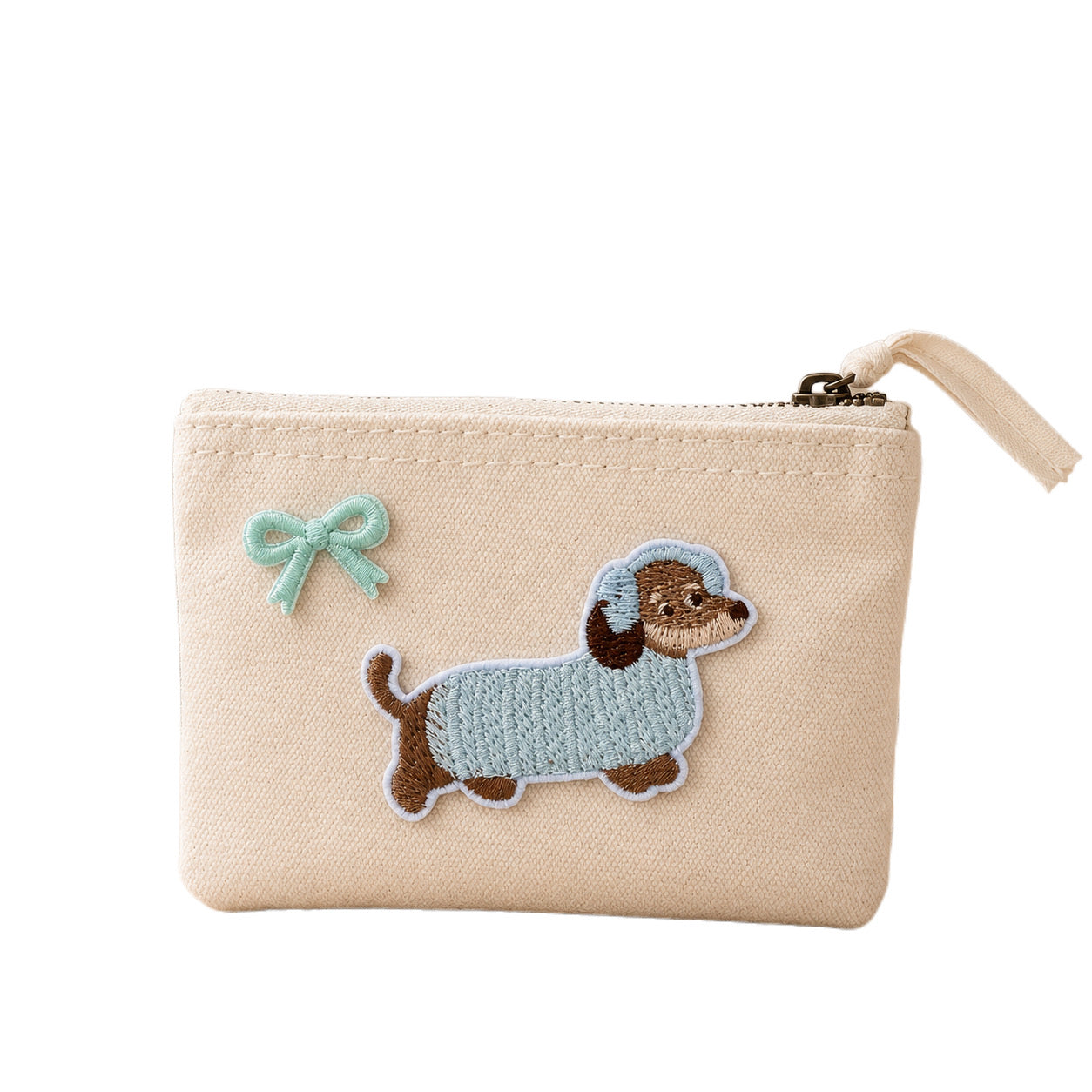 Baumwoll-Geldbörse mit niedlicher Dackel-Stickerei – Beige | XS Kosmetiktasche mit Metall-Reißverschluss | Mini Portemonnaie für Karten, Münzen & Kosmetik | Geschenk für Dackel-Liebhaber