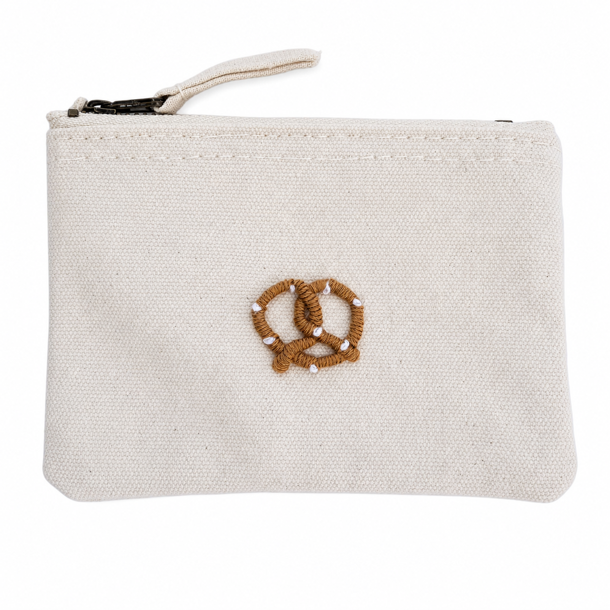 beige Handbestickte Geldbörse mit Brezel – Baumwolle Münztasche Geldbeutel