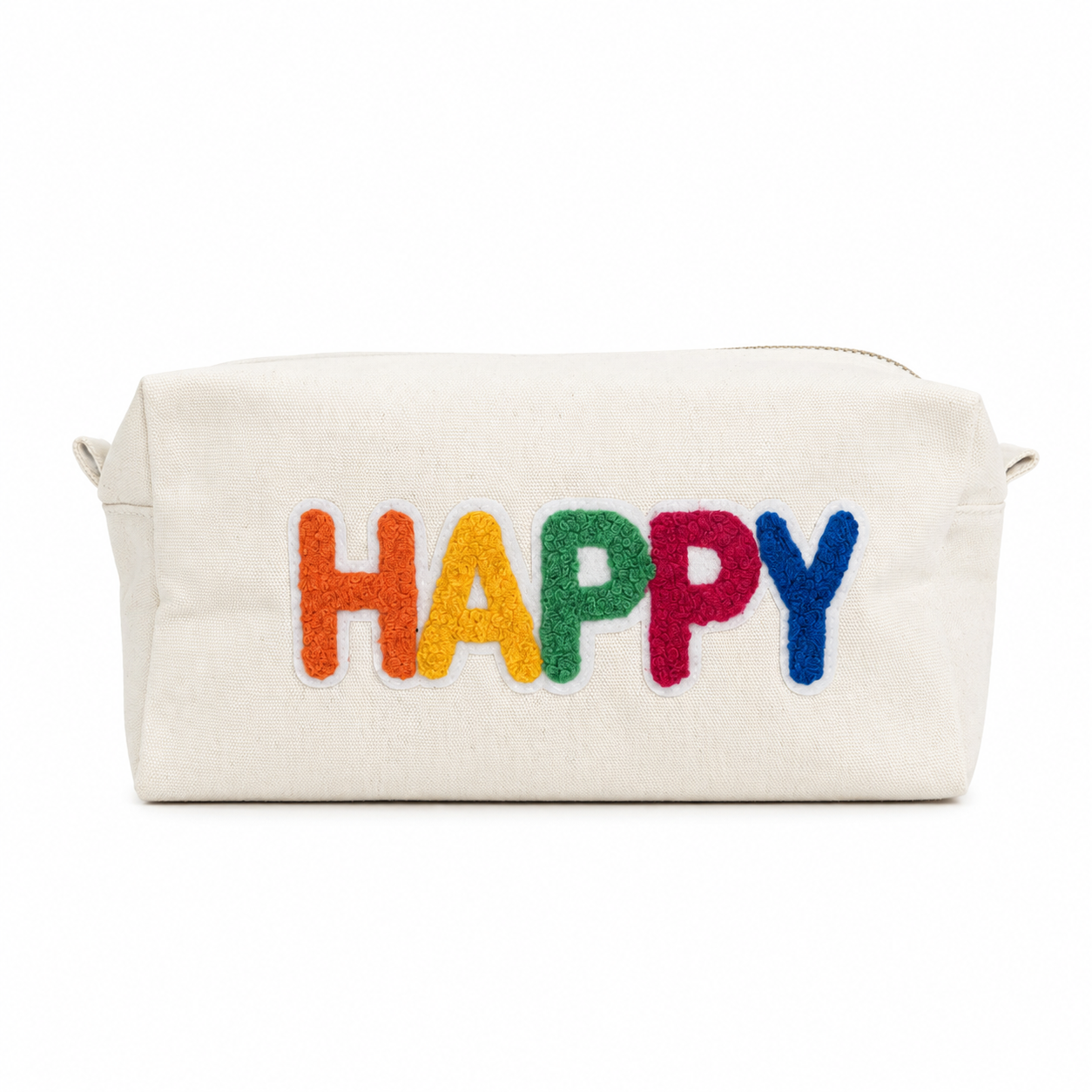 beige Kosmetiktasche L aus Baumwolle mit Happy | Kulturbeutel mit Reißverschluss | Make-up Tasche, Reiseorganizer, Geschenk für Frauen