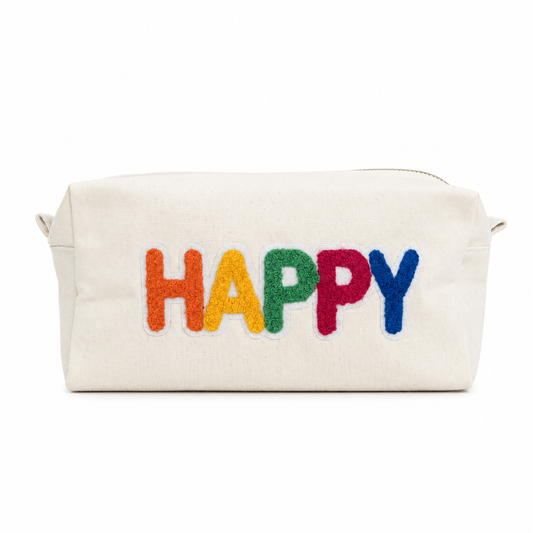 beige Kosmetiktasche L aus Baumwolle mit Happy | Kulturbeutel mit Reißverschluss | Make-up Tasche, Reiseorganizer, Geschenk für Frauen