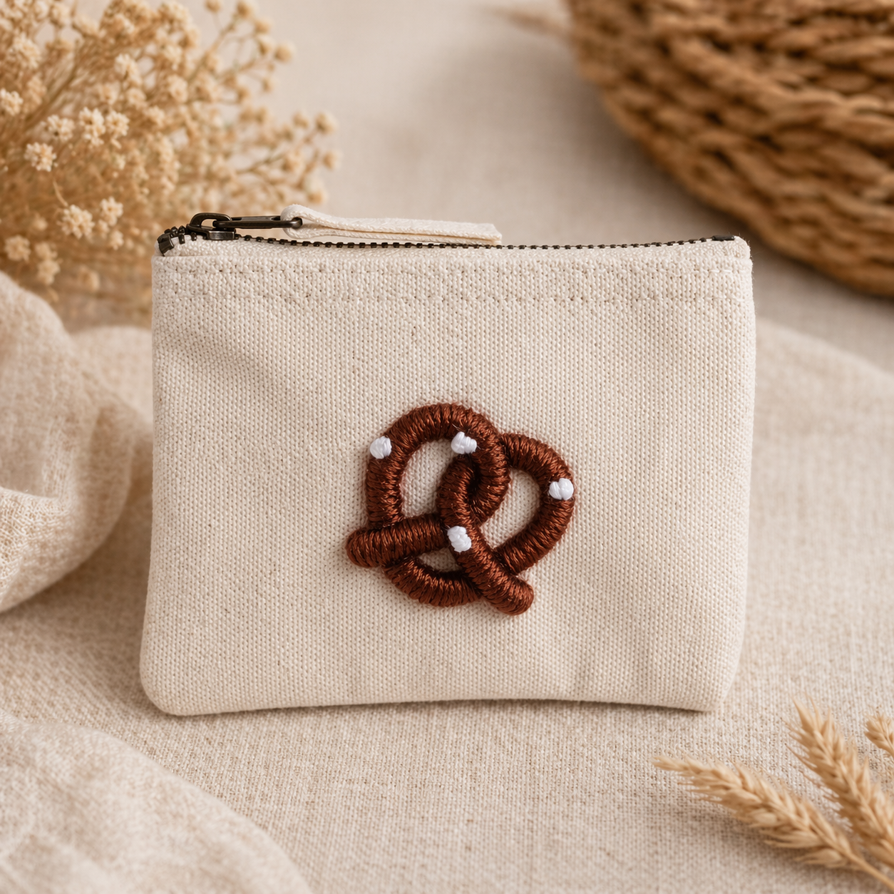 beige Handbestickte Geldbörse mit Brezel – Baumwolle Münztasche Geldbeutel
