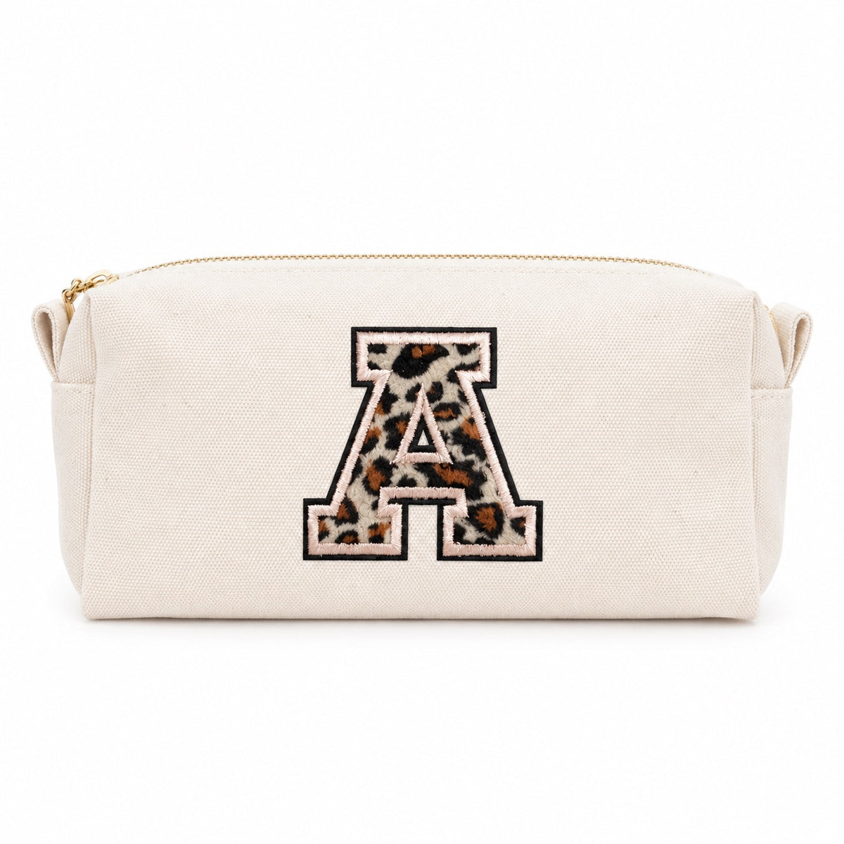 Kosmetiktasche mit Leo-Buchstaben A–Z oder Herz | Baumwolle Make-up Tasche S & L | Beige & Schwarz | Personalisiertes Geschenk für Frauen Kulturbeutel Reiseorganizer