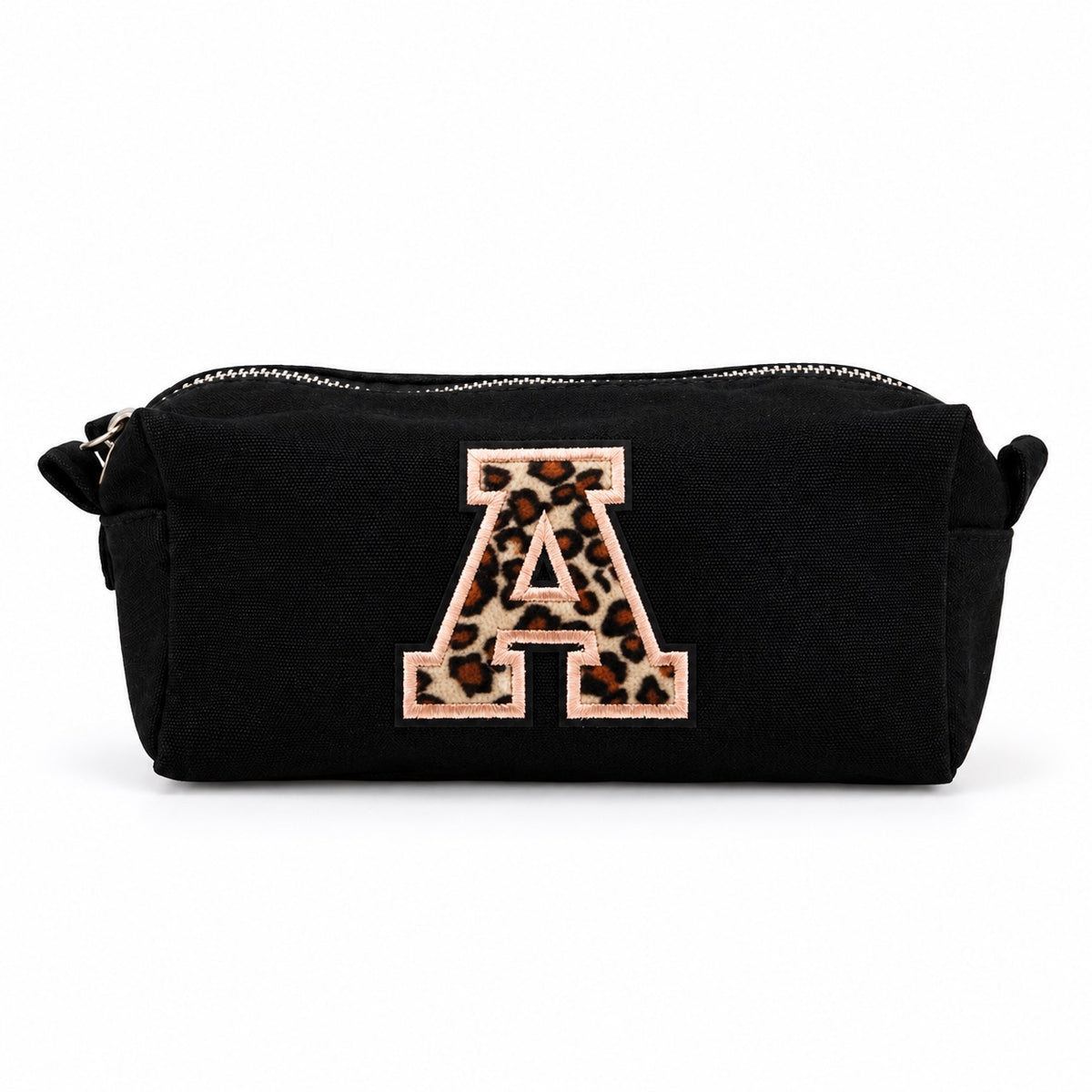 Kosmetiktasche mit Leo-Buchstaben A–Z oder Herz | Baumwolle Make-up Tasche S & L | Beige & Schwarz | Personalisiertes Geschenk für Frauen Kulturbeutel Reiseorganizer