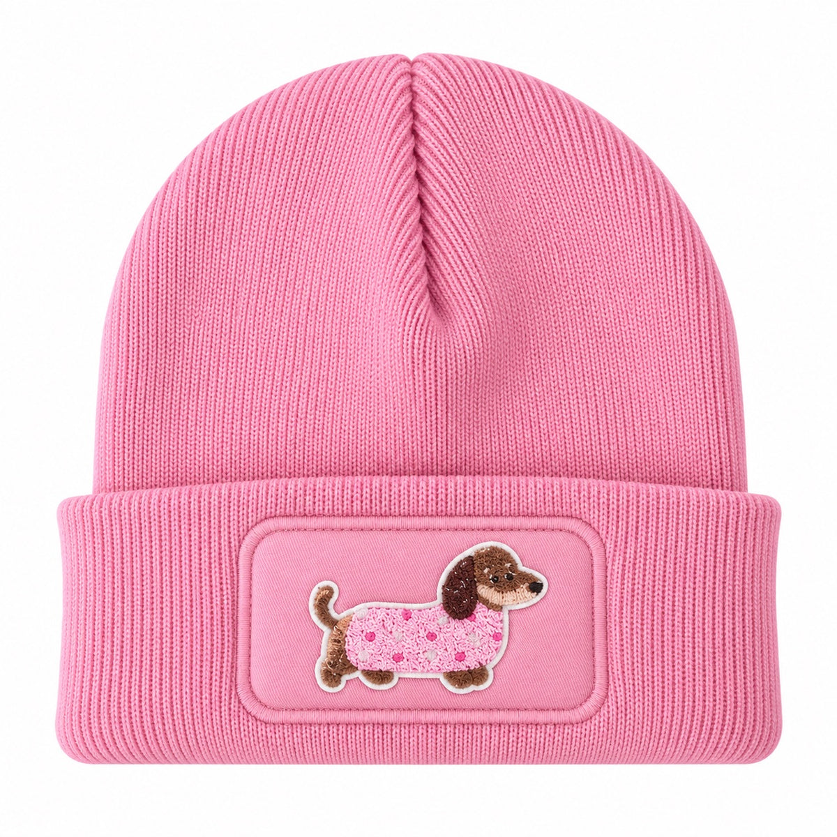 Beanie Mütze mit Dackel Patch – Handveredelte Unisex Strickmütze mit Umschlag – 100 % Polyacryl Soft Touch – Weich & Warm – für Damen & Herren