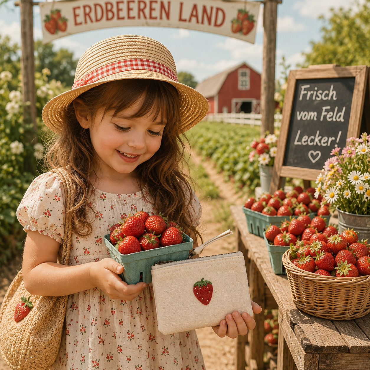beige Handbestickte Geldbörse mit Erdbeeren – Baumwolle Münztasche Geldbeutel