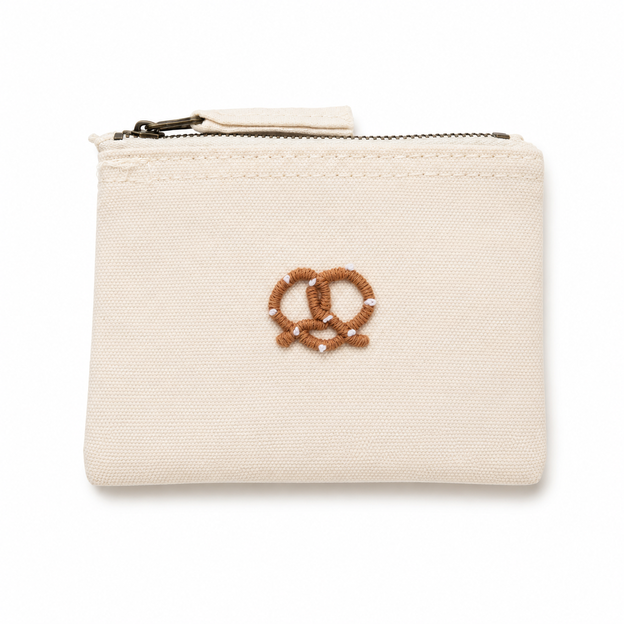 beige Handbestickte Geldbörse mit Brezel – Baumwolle Münztasche Geldbeutel